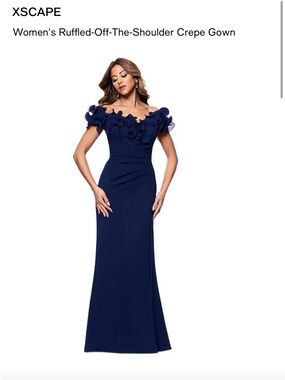 Xscape Navy Blue Off-Shoulder Ruffle Mermaid Gown